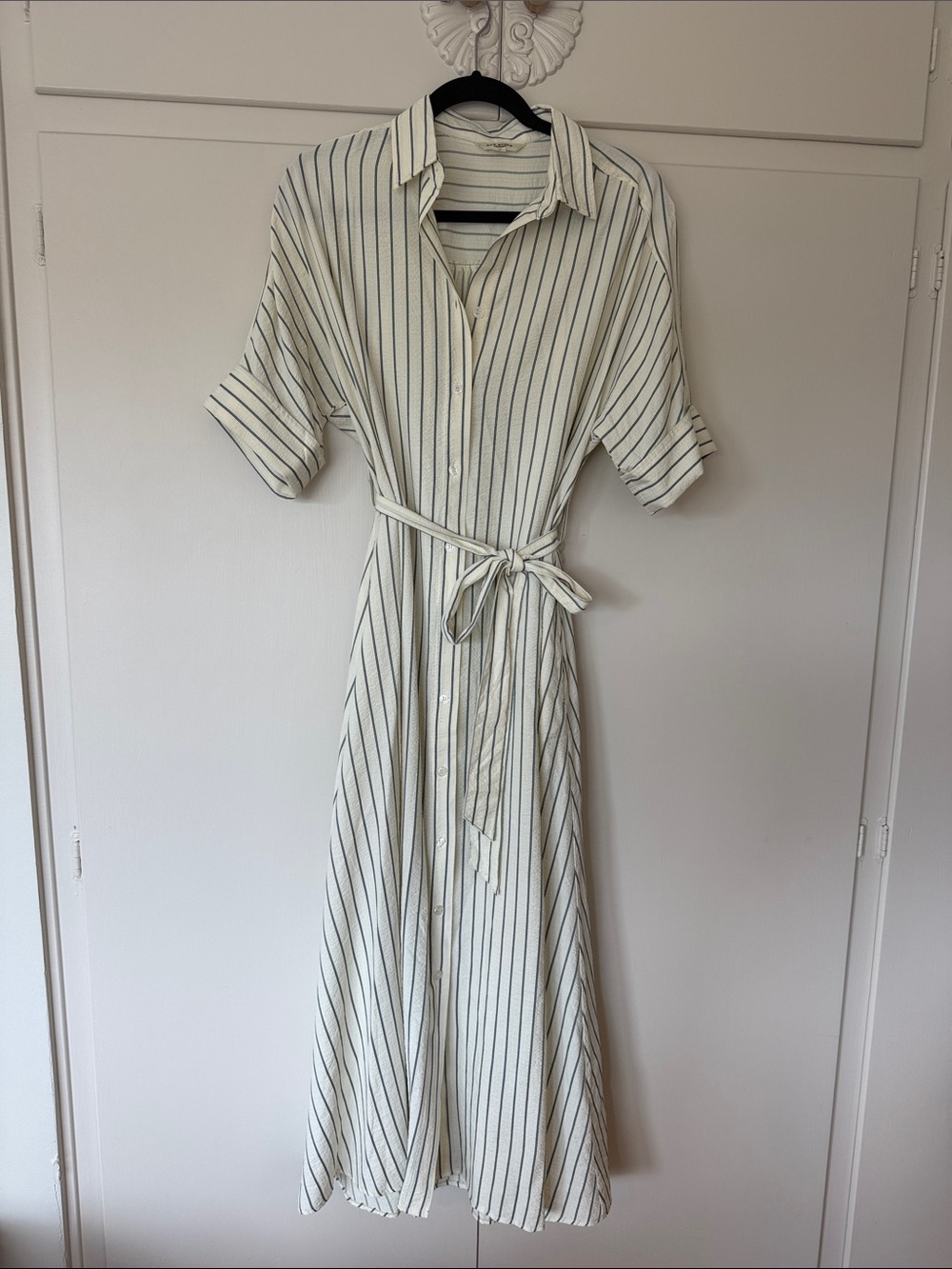 Max Studio Cream Maxi Shirt Dress with Black Pinstripes